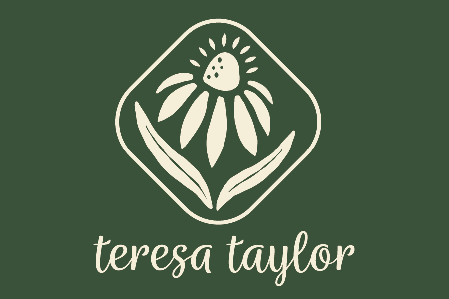 Teresa Taylor Coaching & Consulting logo design deep forest green background with cream colored echinacea flower inside a rounded diamond line with scripty font beneath saying "teresa taylor" with lower case t's.