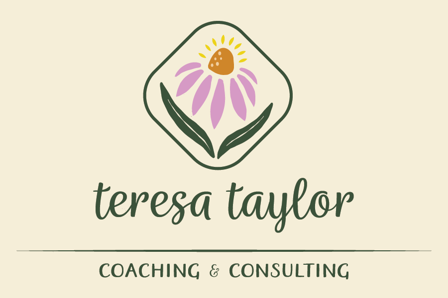 Teresa Taylor Coaching & Consulting logo design with cream colored background with a colored echinacea flower inside a rounded diamond line with scripty font beneath saying "teresa taylor" with lower case t's.